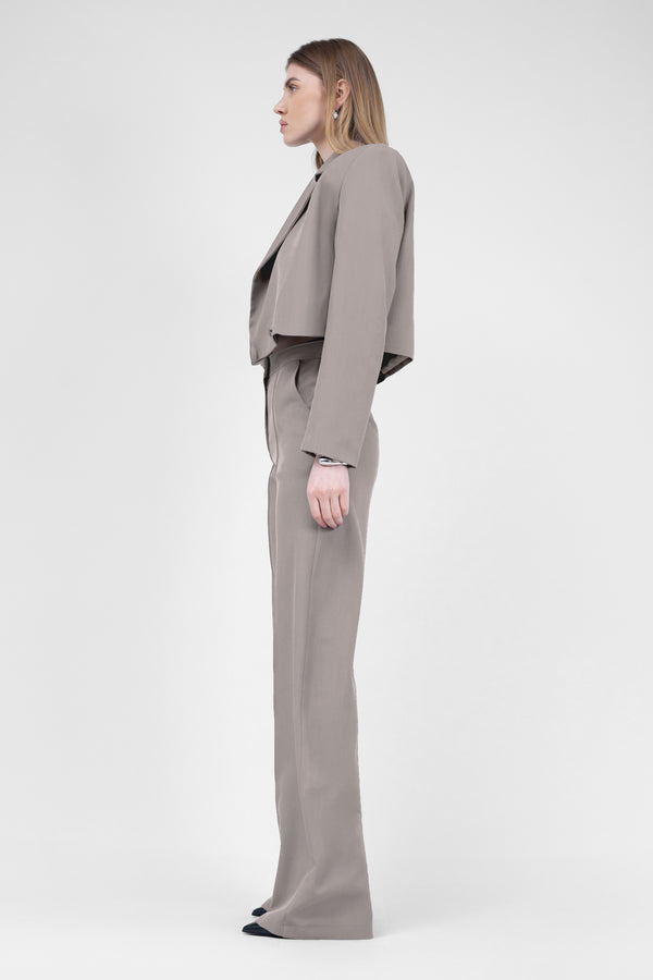 Beige Suit With Cropped Blazer And Stripe Detail Trousers