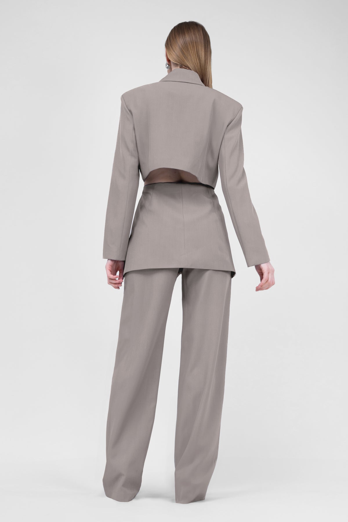 Beige Suit With Blazer With Waistline Cut-Out And Stripe Detail Trousers