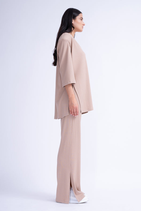 Ribbed Beige Matching Set With Blouse And Trousers With Slit