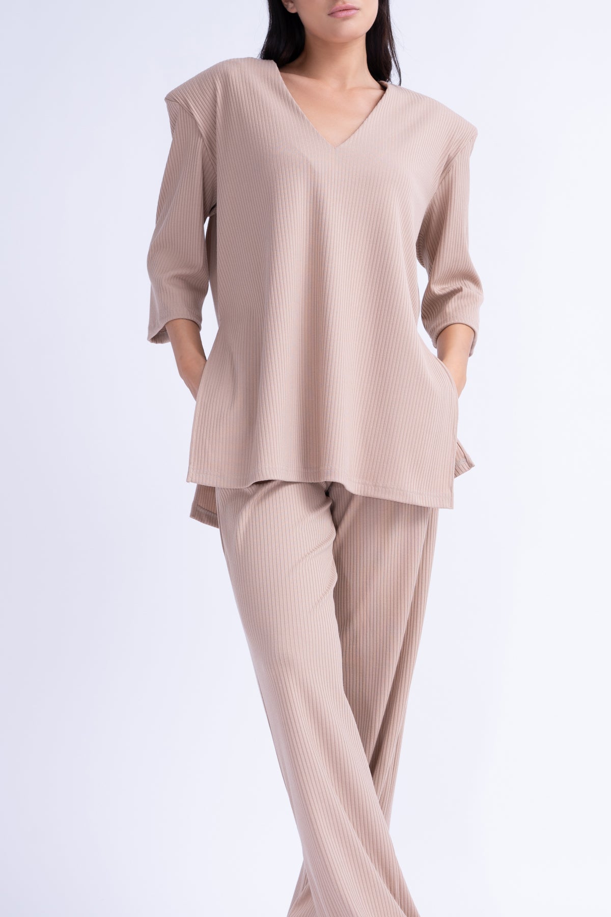 Ribbed Beige Matching Set With Blouse And Trousers With Slit
