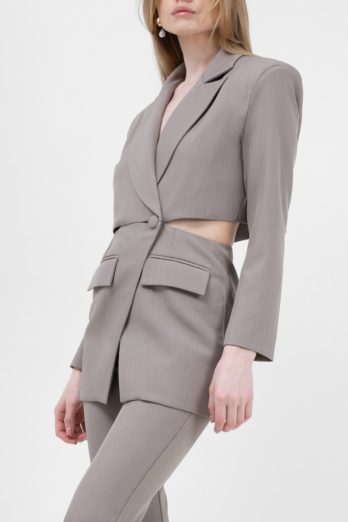 Beige Suit With Blazer With Waistline Cut-Out And Flared Trousers