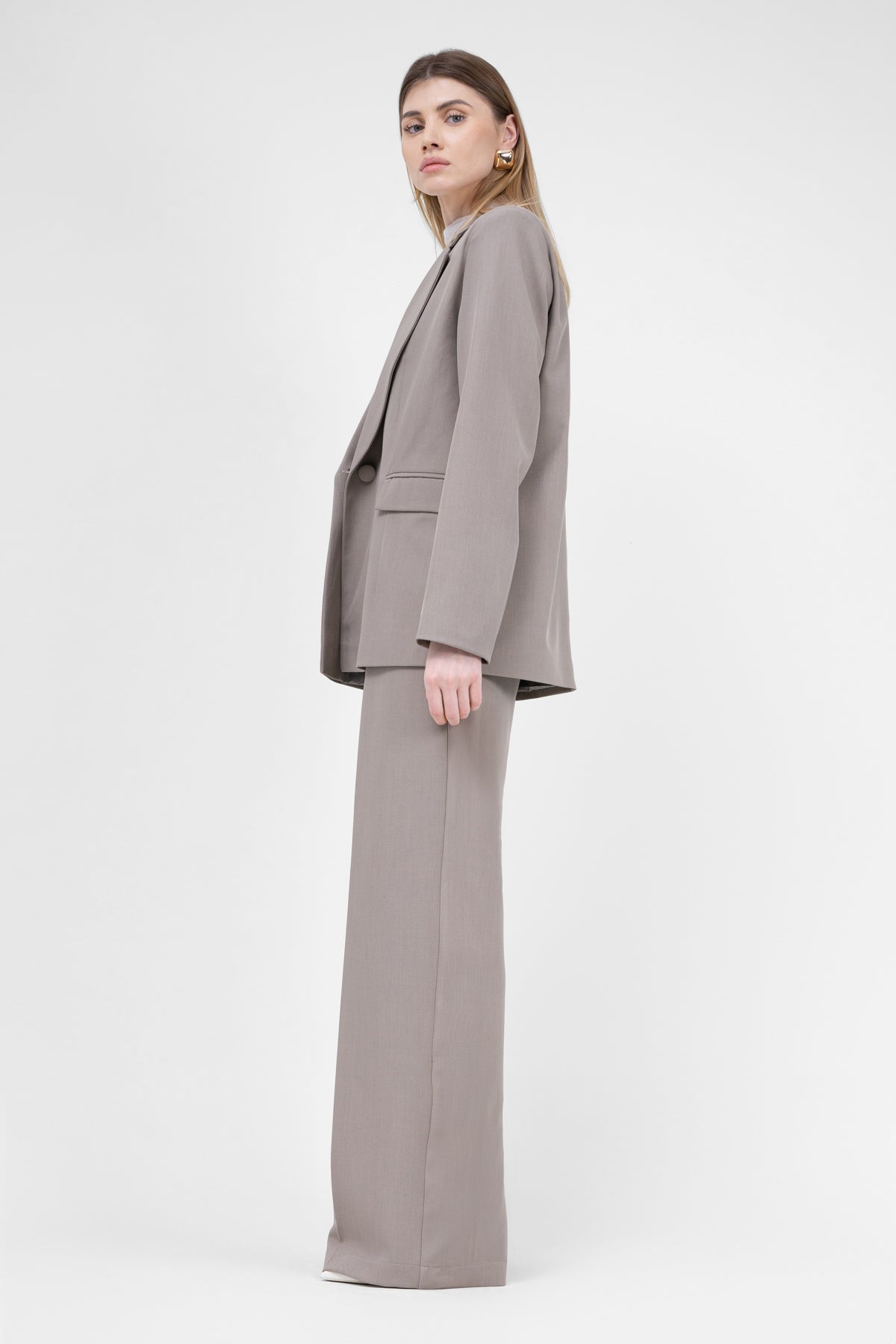 Beige Suit With Regular Blazer With Double Pocket And Ultra Wide Leg Trousers