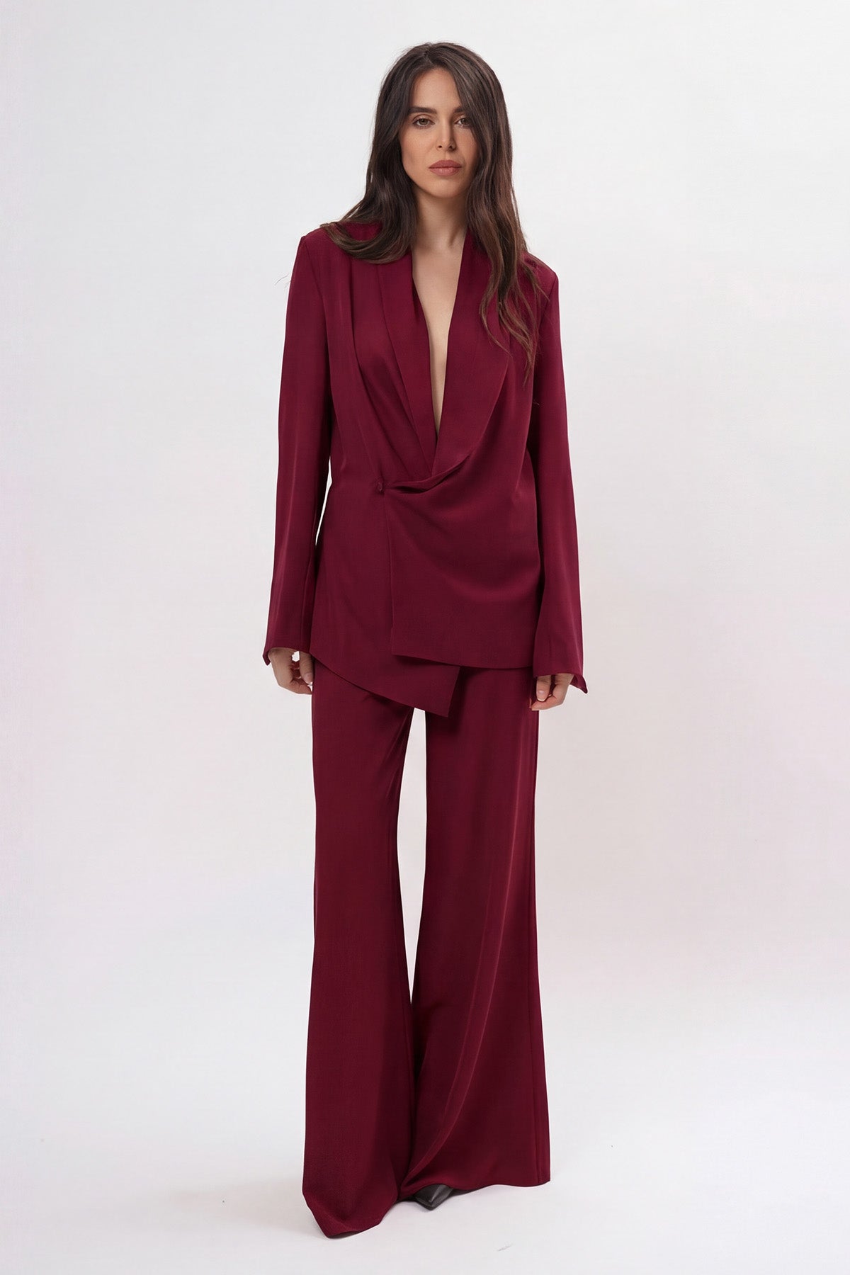Burgundy Set With Wrap Blazer And Flared Trousers