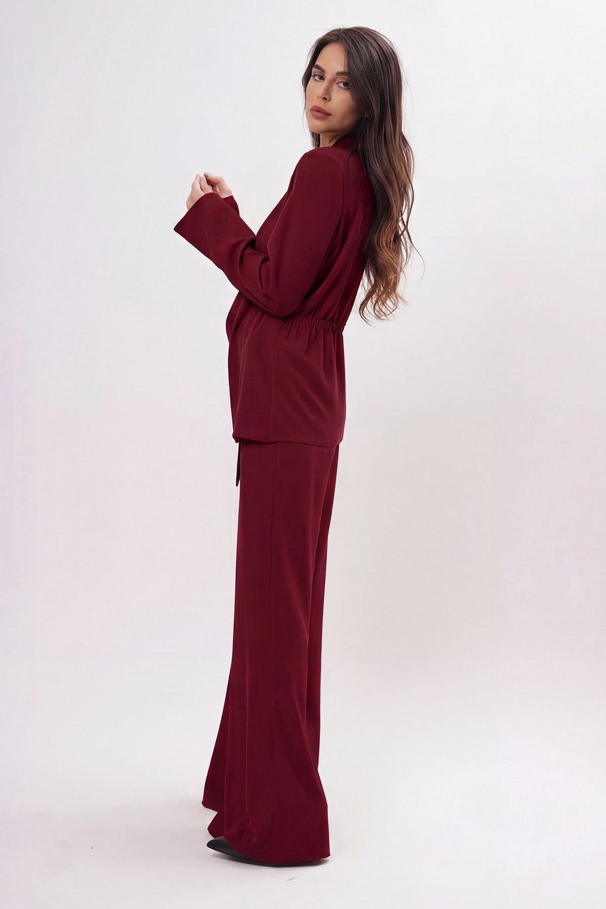 Burgundy Set With Wrap Blazer And Flared Trousers