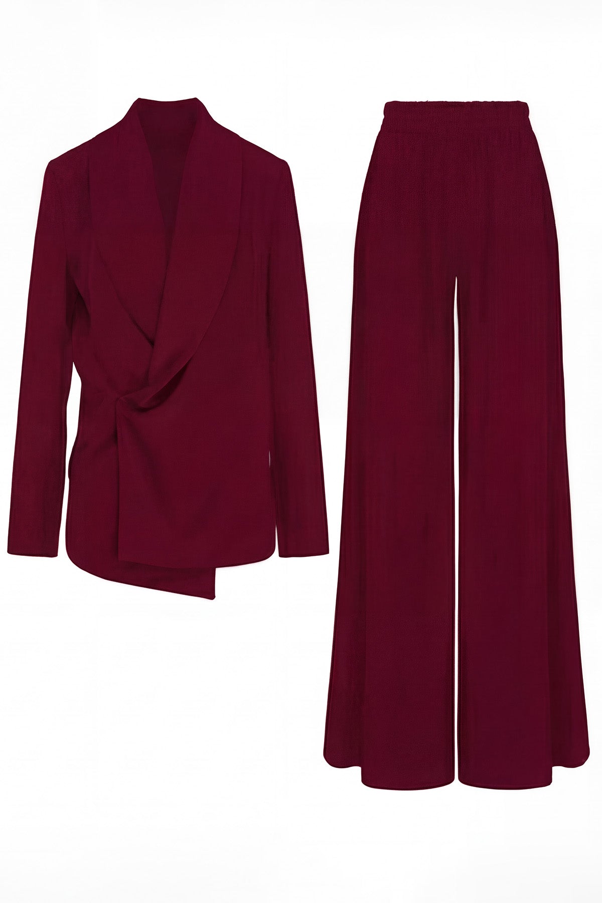 Burgundy Set With Wrap Blazer And Flared Trousers