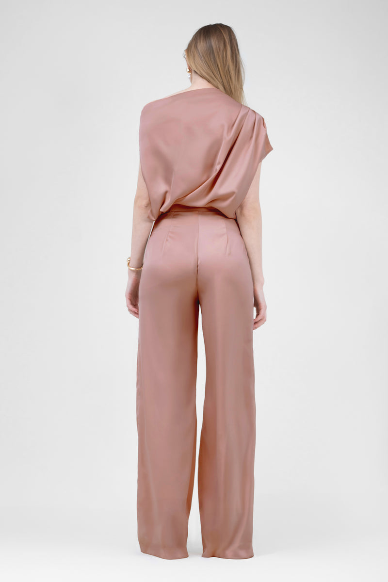 Bronze Set With Asymmetrical Draped Top And Wide Leg Trousers