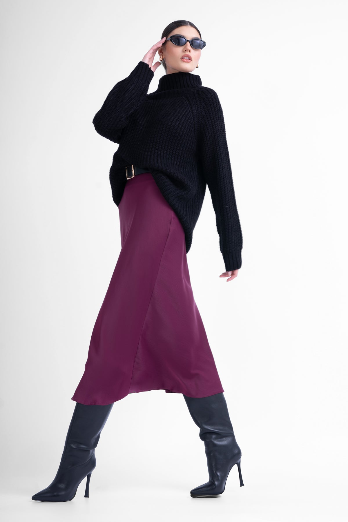 Fusta midi burgundy din satin