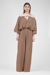 Camel Linen Set With Shirt With Pockets And Wide Leg Trousers