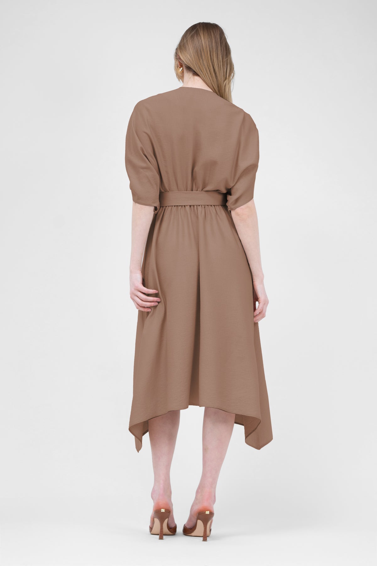 Brown Linen Midi Dress With Belt