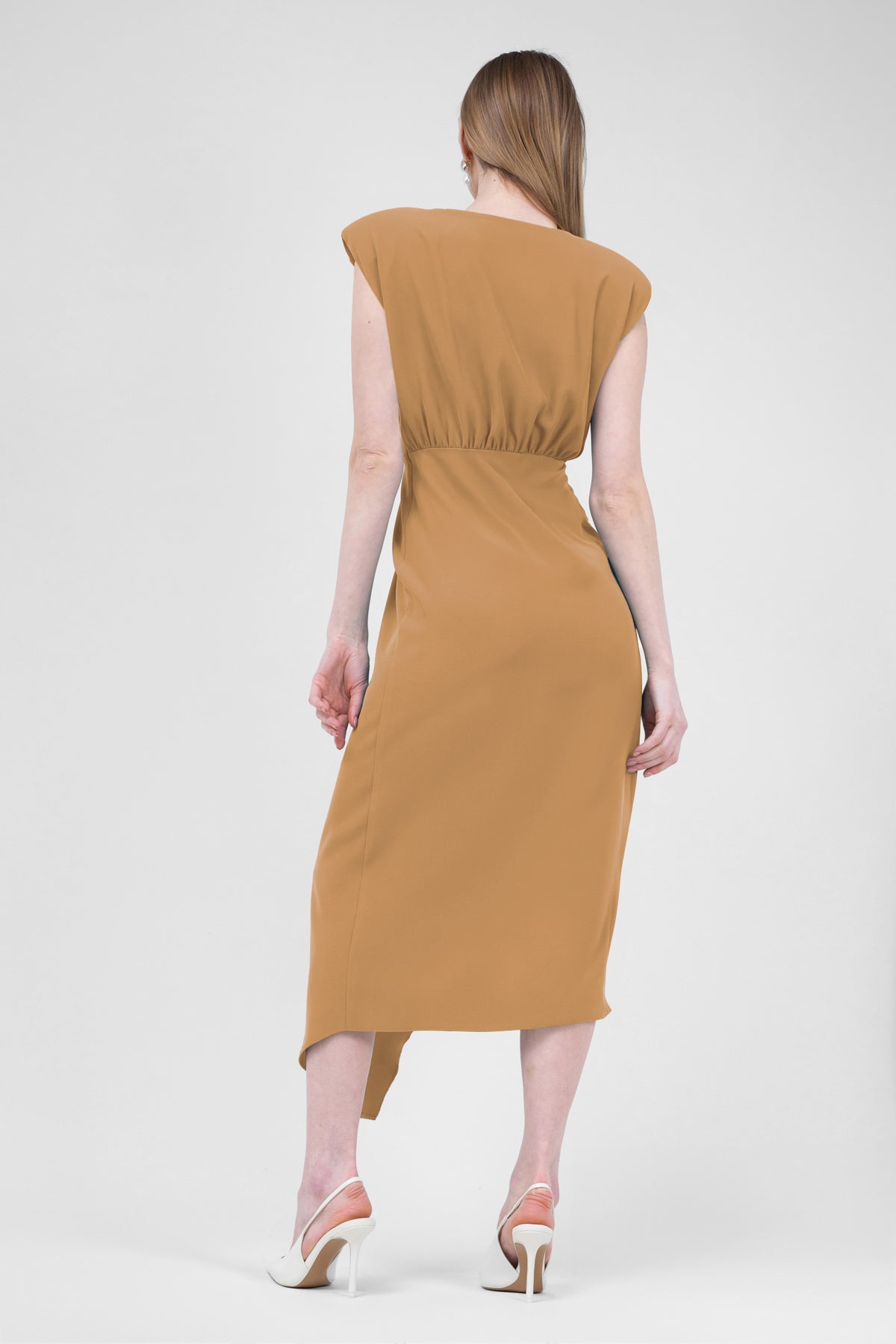 Camel Midi Dress With Draping And Pleats