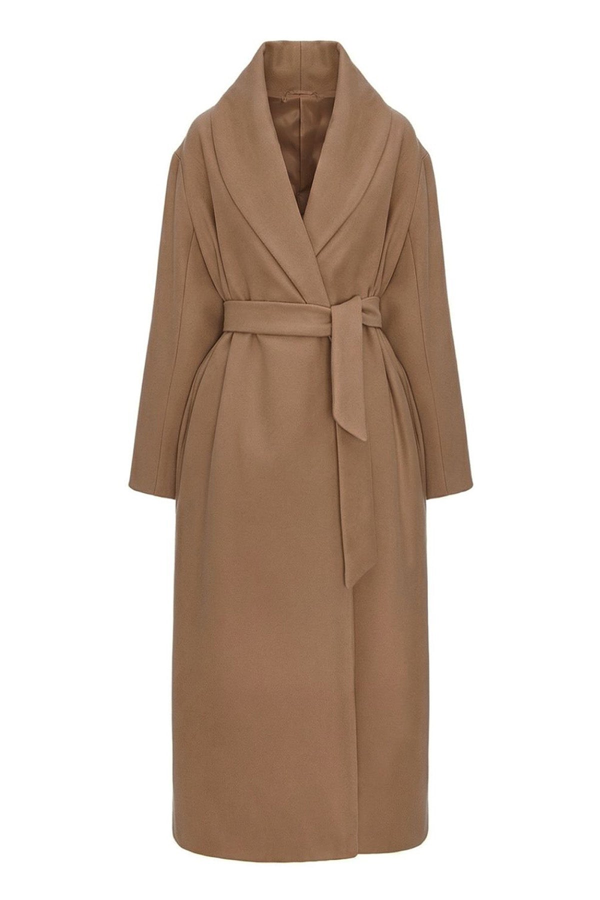 Palton lung cu revere rotunjite din amestec de lână - culoare camel