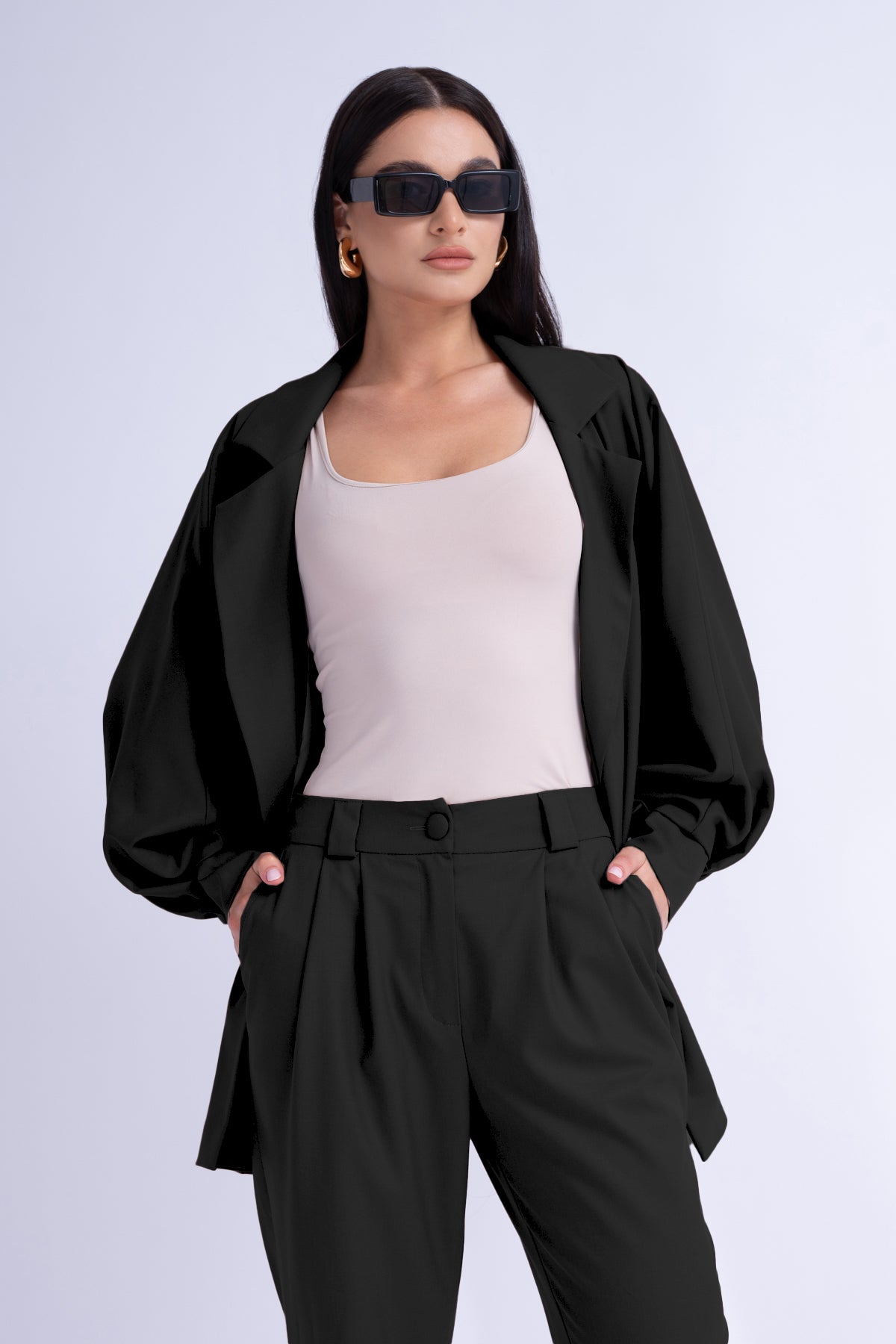 Black Oversized Blazer With Flap Pockets