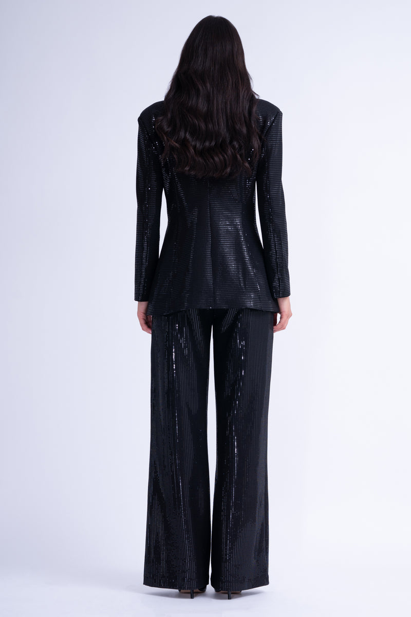 Black Sequins Suit With Fitted Blazer And Straight-Cut Trousers