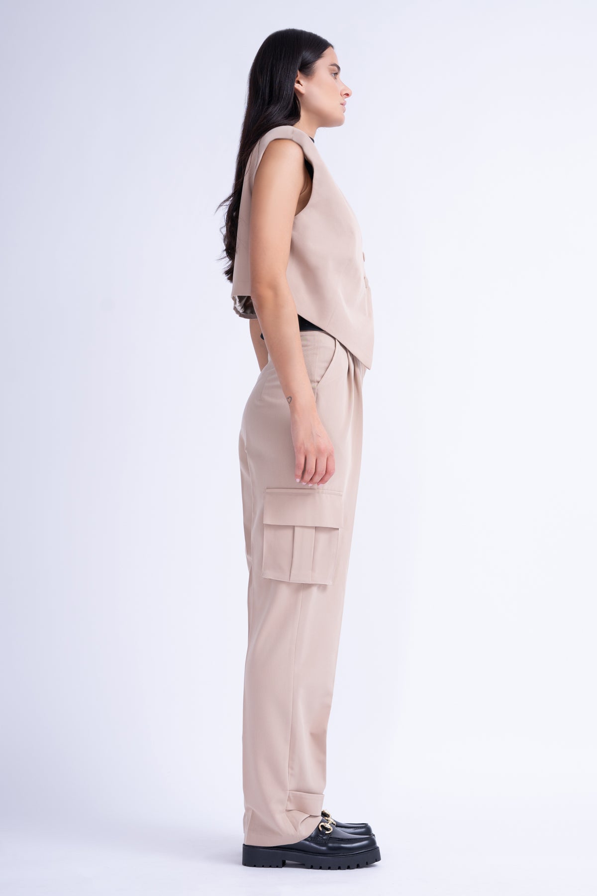 Beige Suit With Asymmetrical Vest And Cargo Pants