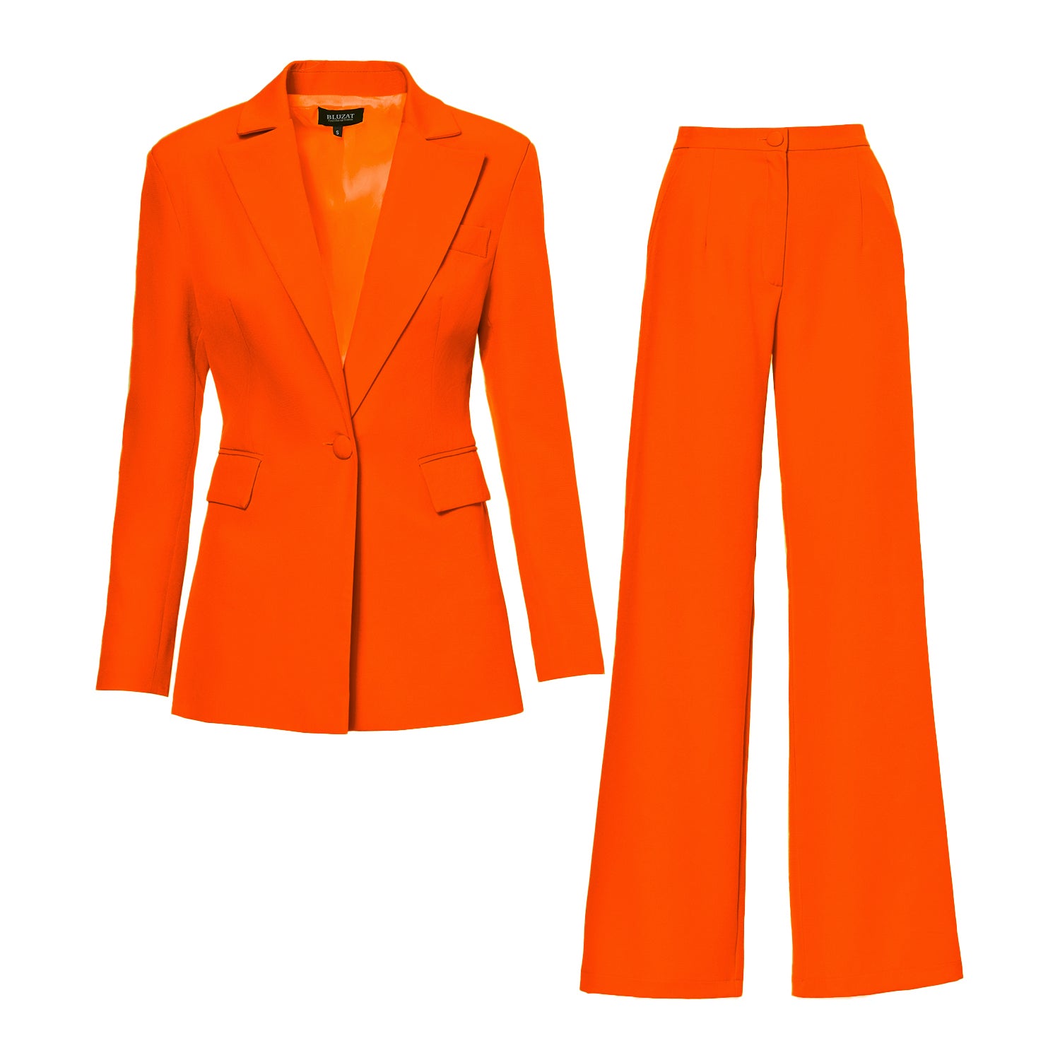 Neon orange suit with slim fit blazer and flared trousers