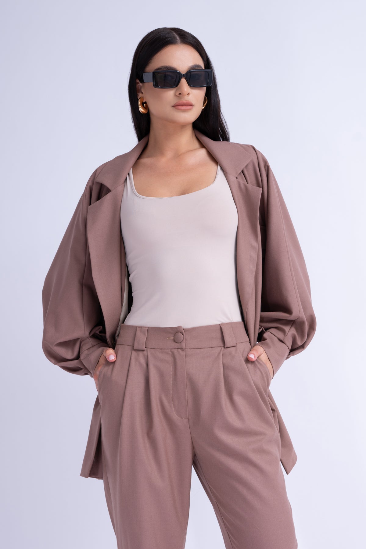 Brown Suit With Oversized Blazer And High-Waist Slim Fit Trousers