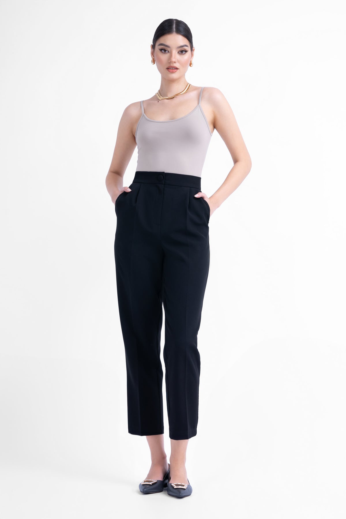 Black suit with regular blazer and cropped trousers