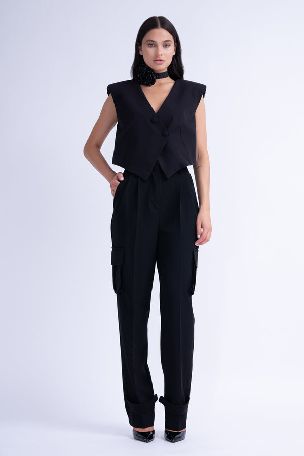 Black Suit With Asymmetrical Vest And Cargo Pants