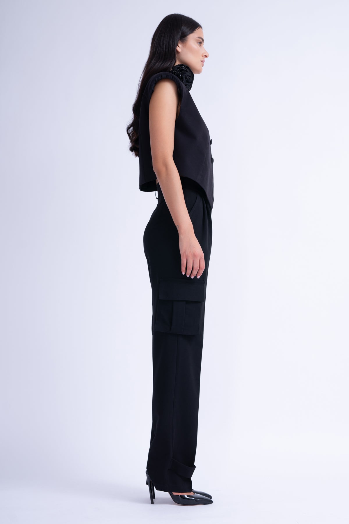Black Suit With Asymmetrical Vest And Cargo Pants