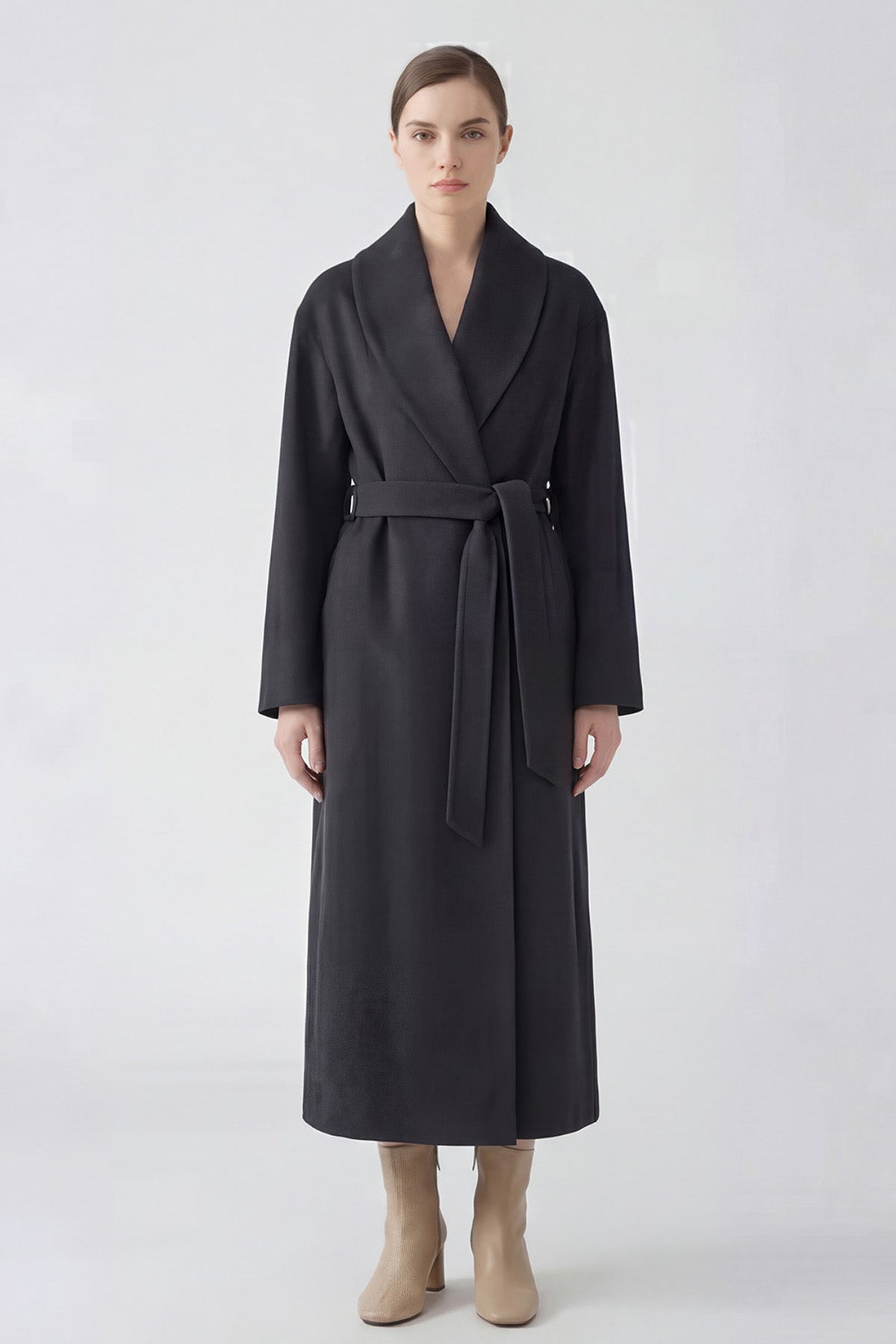 Palton lung cu revere rotunjite din amestec de lână - culoare gri