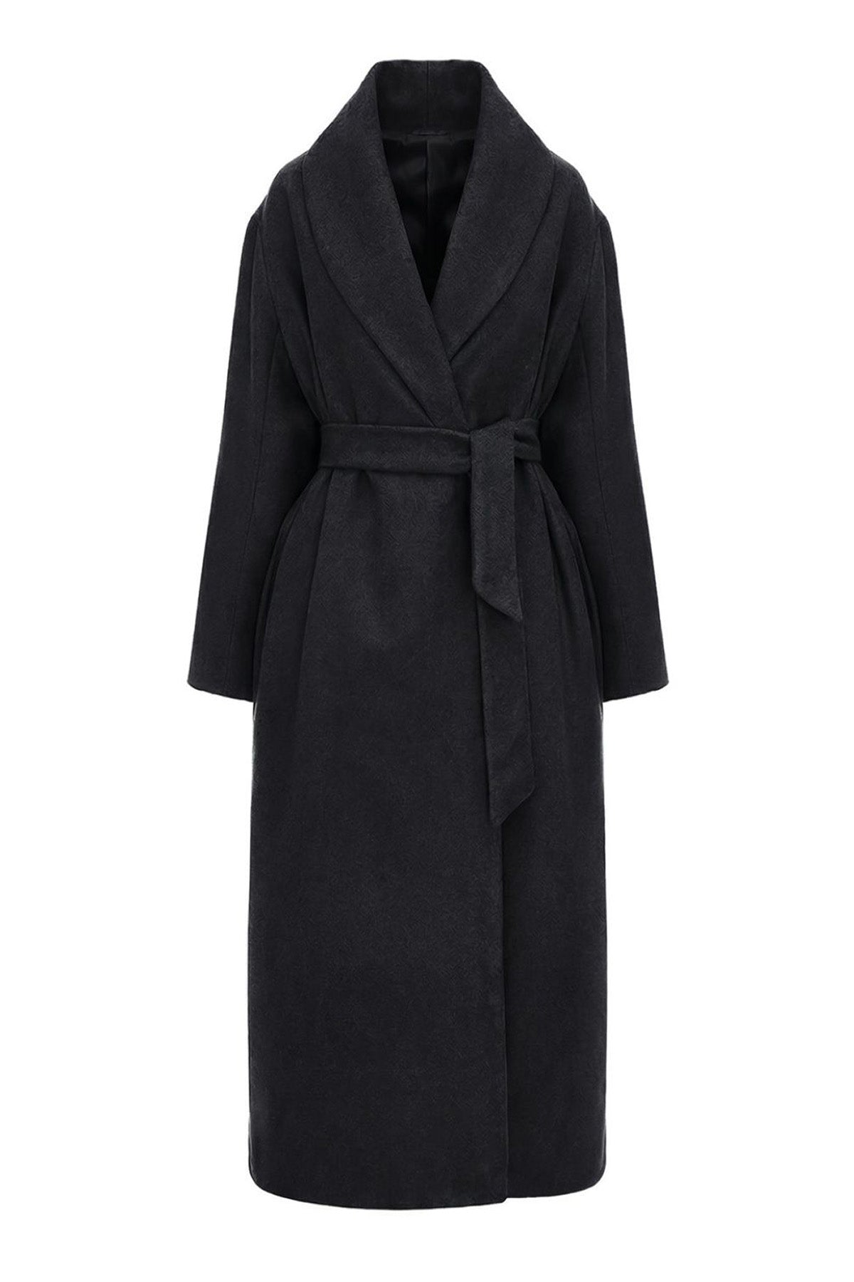 Palton lung cu revere rotunjite din amestec de lână - culoare gri