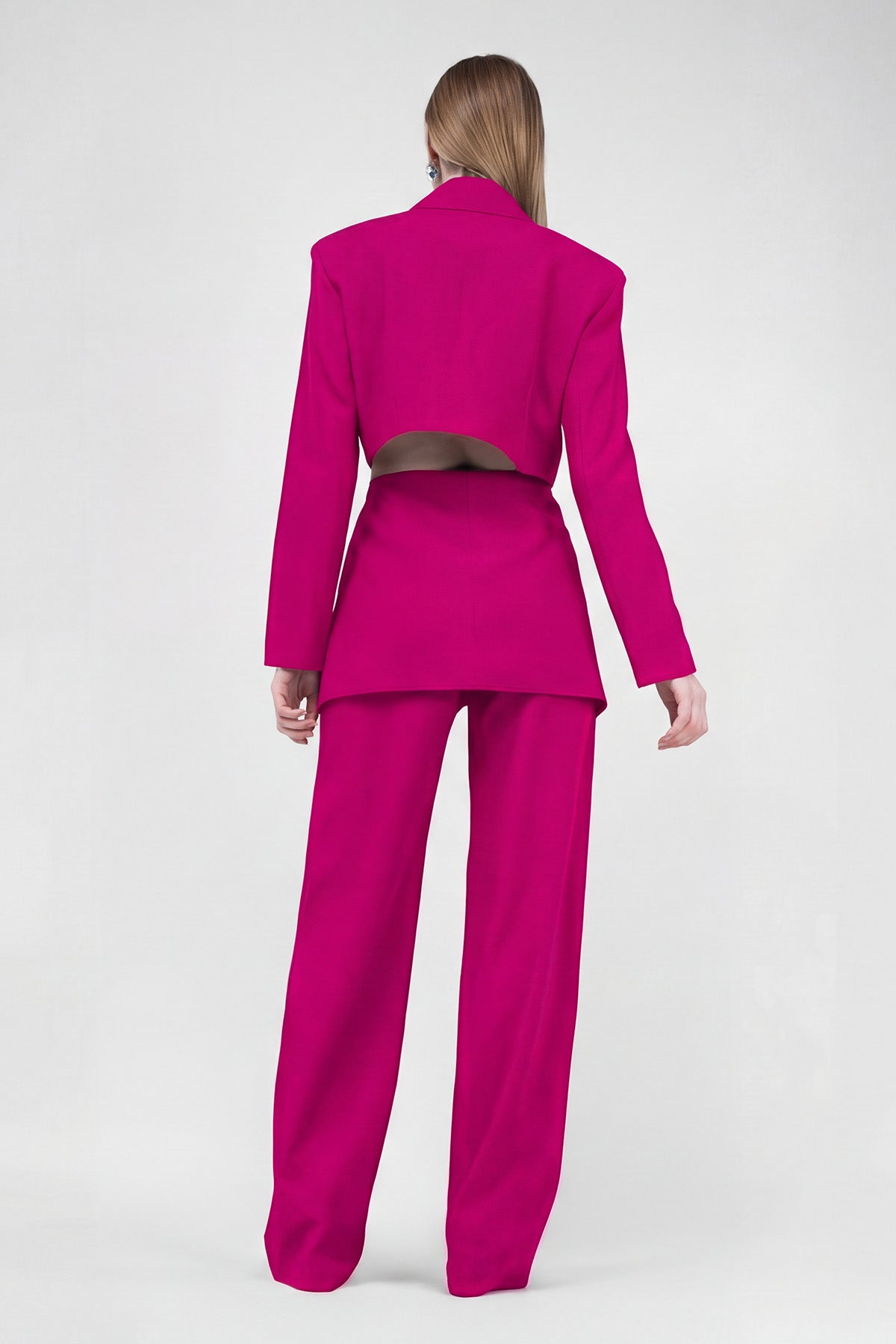 Fuchsia Suit With Blazer With Waistline Cut-Out And Stripe Detail Trousers