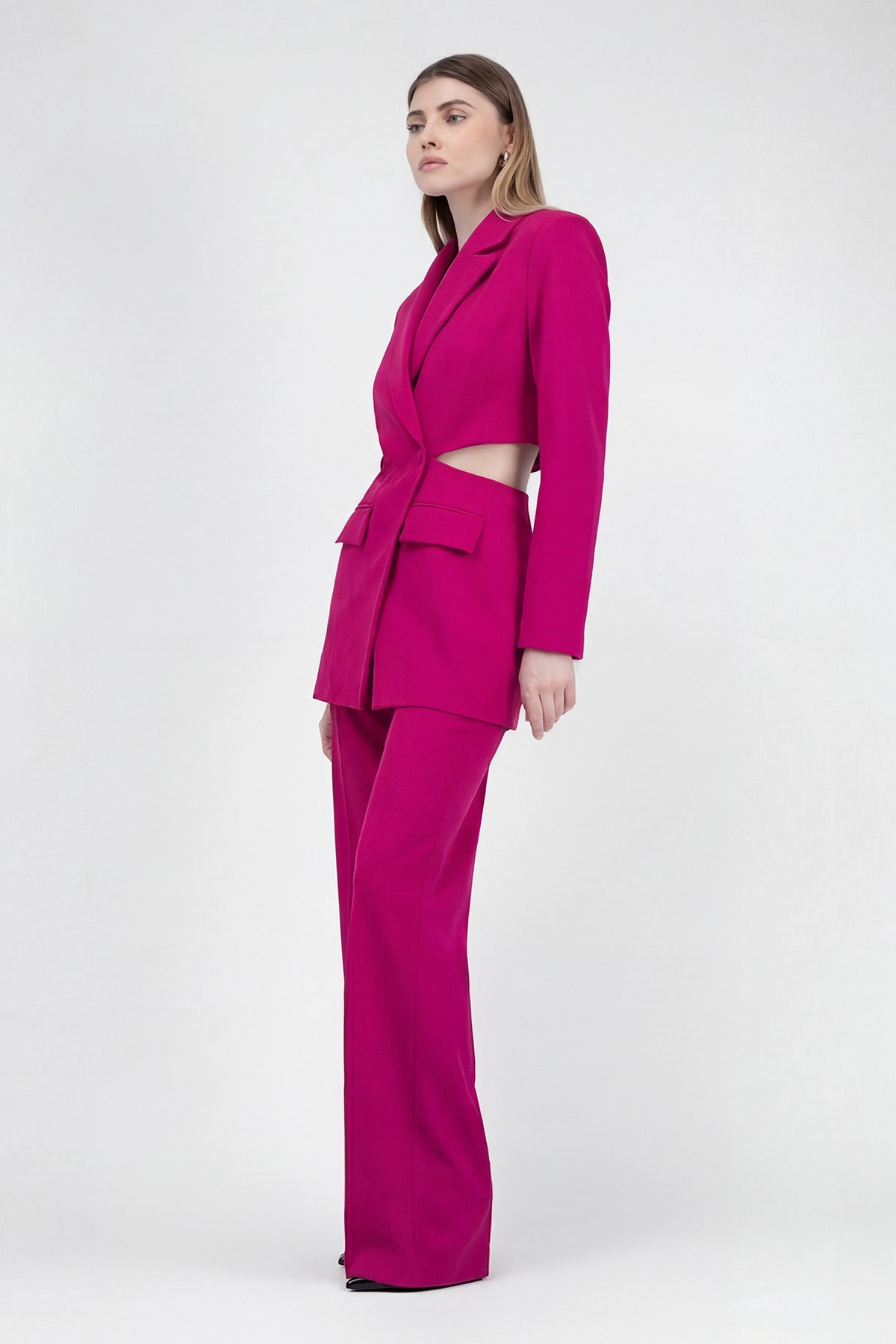 Fuchsia Suit With Blazer With Waistline Cut-Out And Stripe Detail Trousers