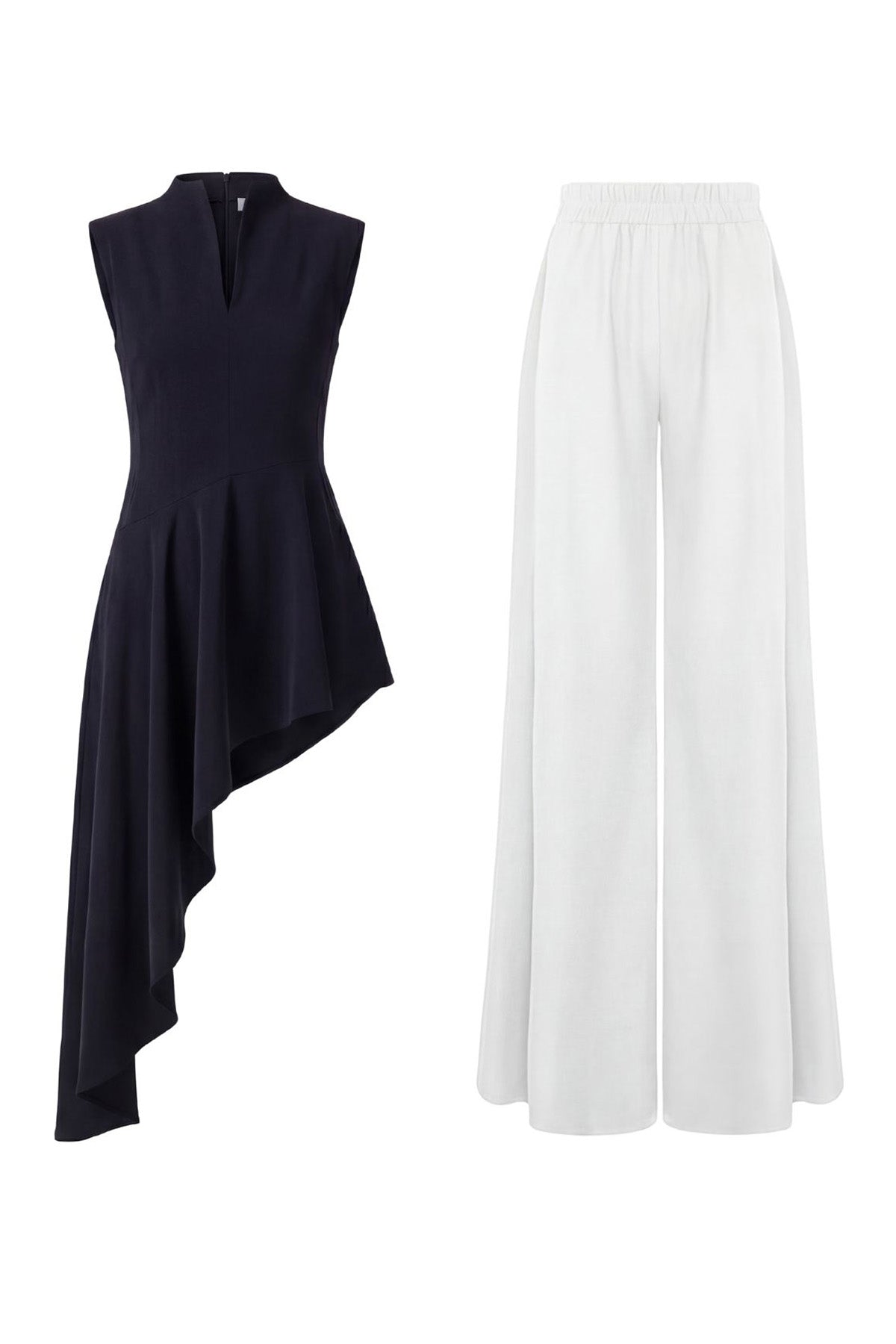 Set Contrast Chic - Top Asimetric Negru cu Pantaloni Flared Albi