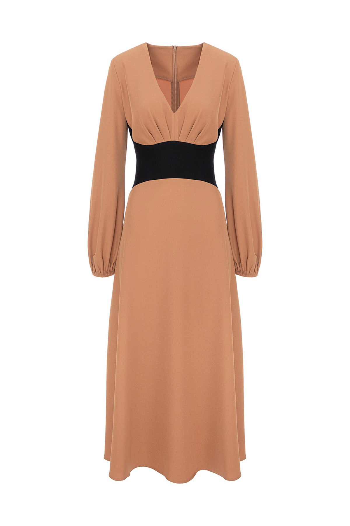 Camel Midi Dress with Defined Waist