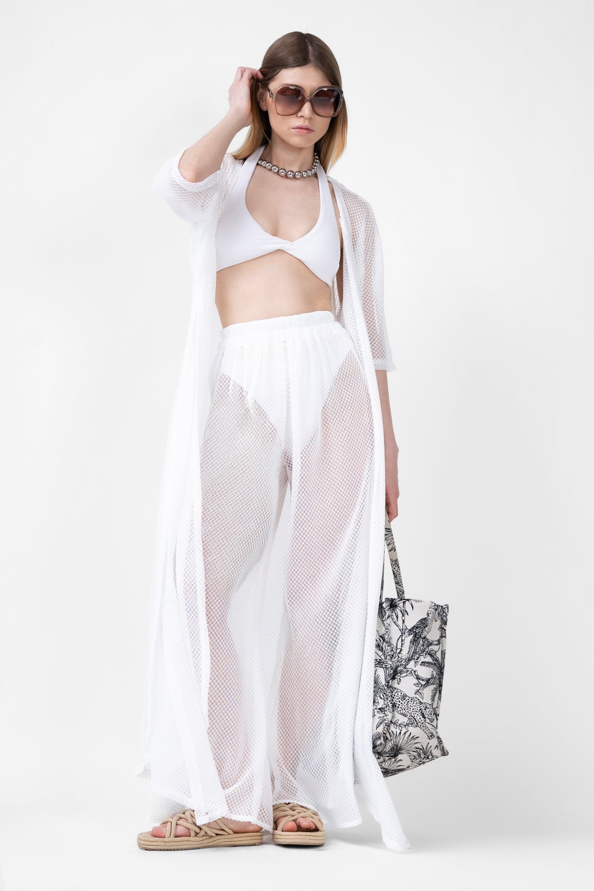 White Matching Set With Kimono And Pants