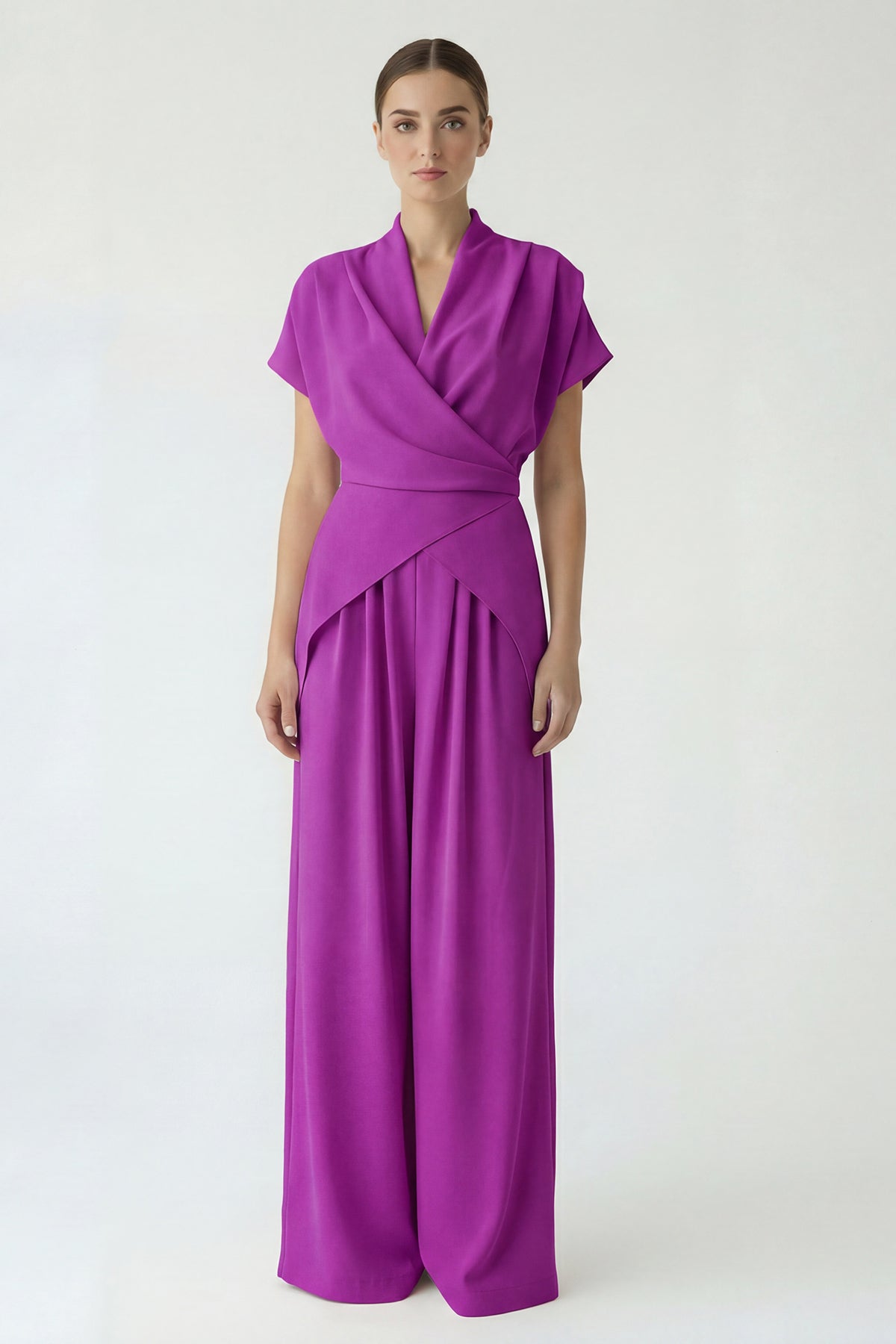 Fuchsia fluid set with a wrap top and wide-leg trousers