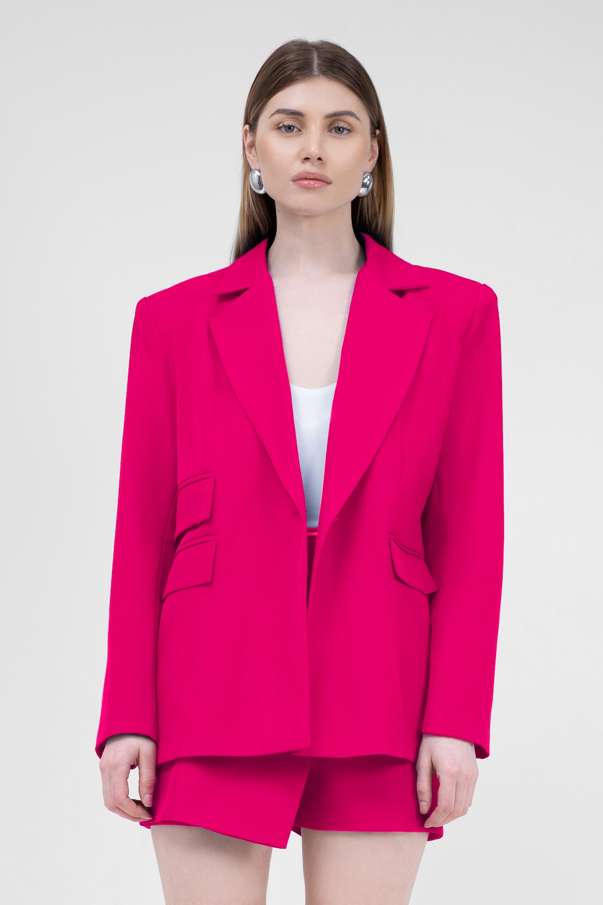 Fuchsia Suit With Regular Blazer With Double Pocket And Skirt