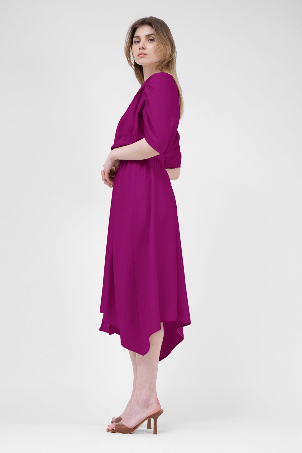 Fuchsia Linen Midi Dress With Belt