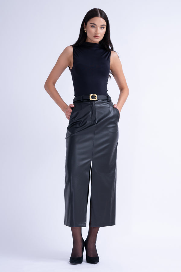 Black Leather Straight-Cut Skirt With Slit