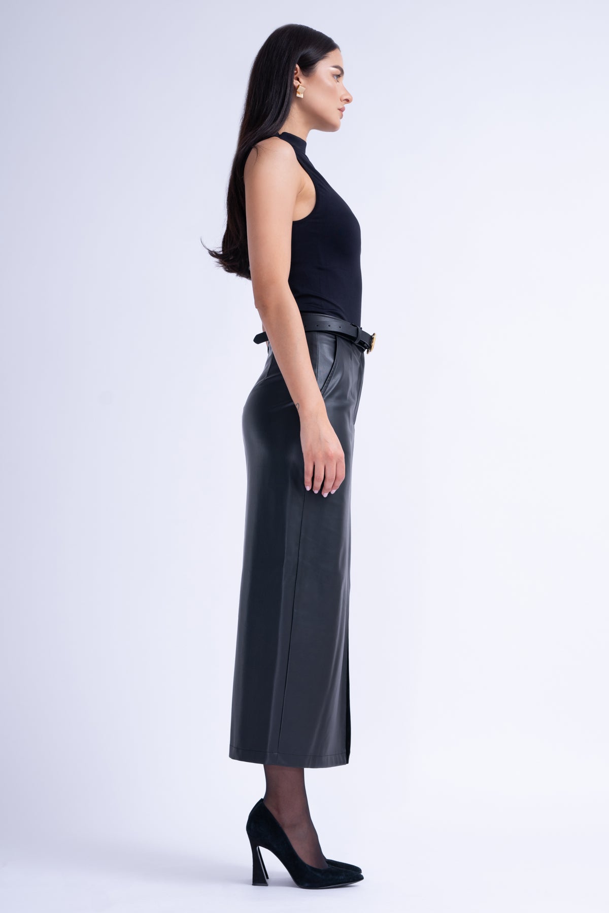 Black Leather Straight-Cut Skirt With Slit