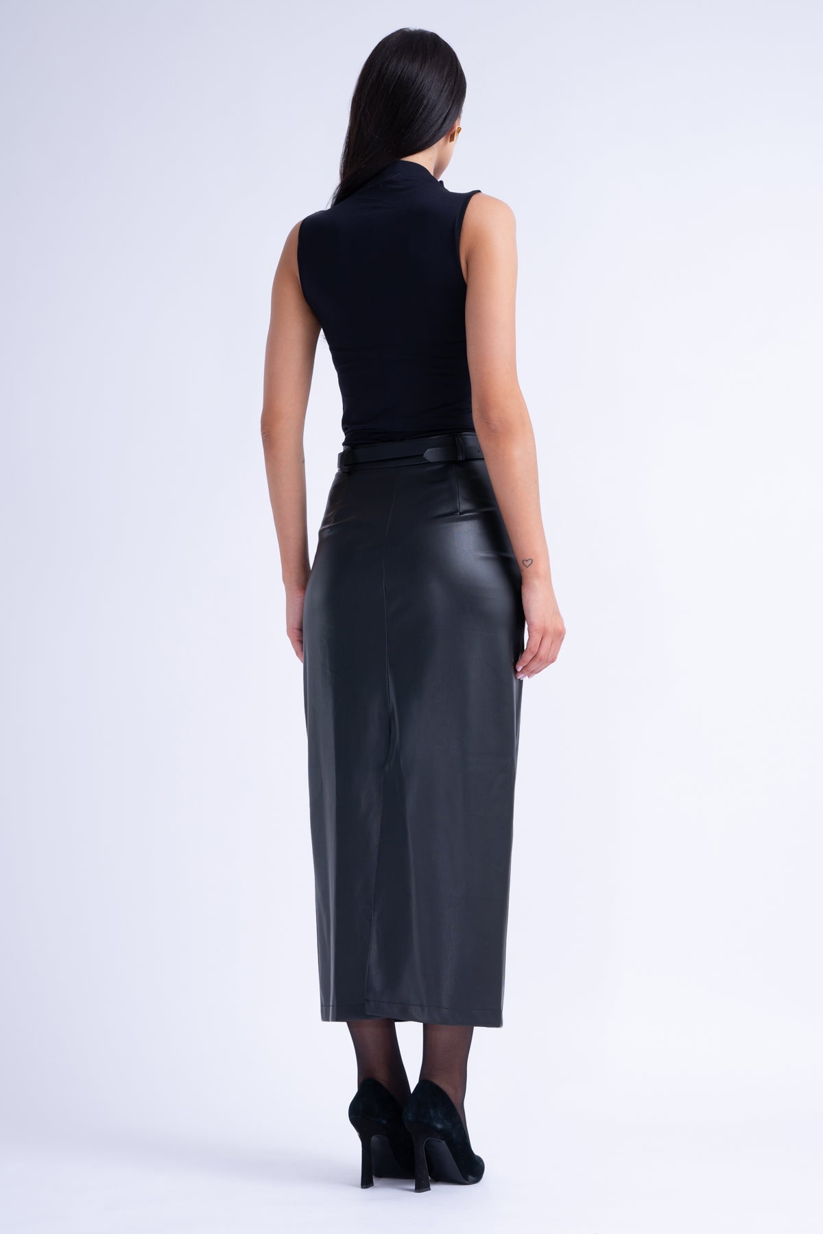 Black Leather Straight-Cut Skirt With Slit