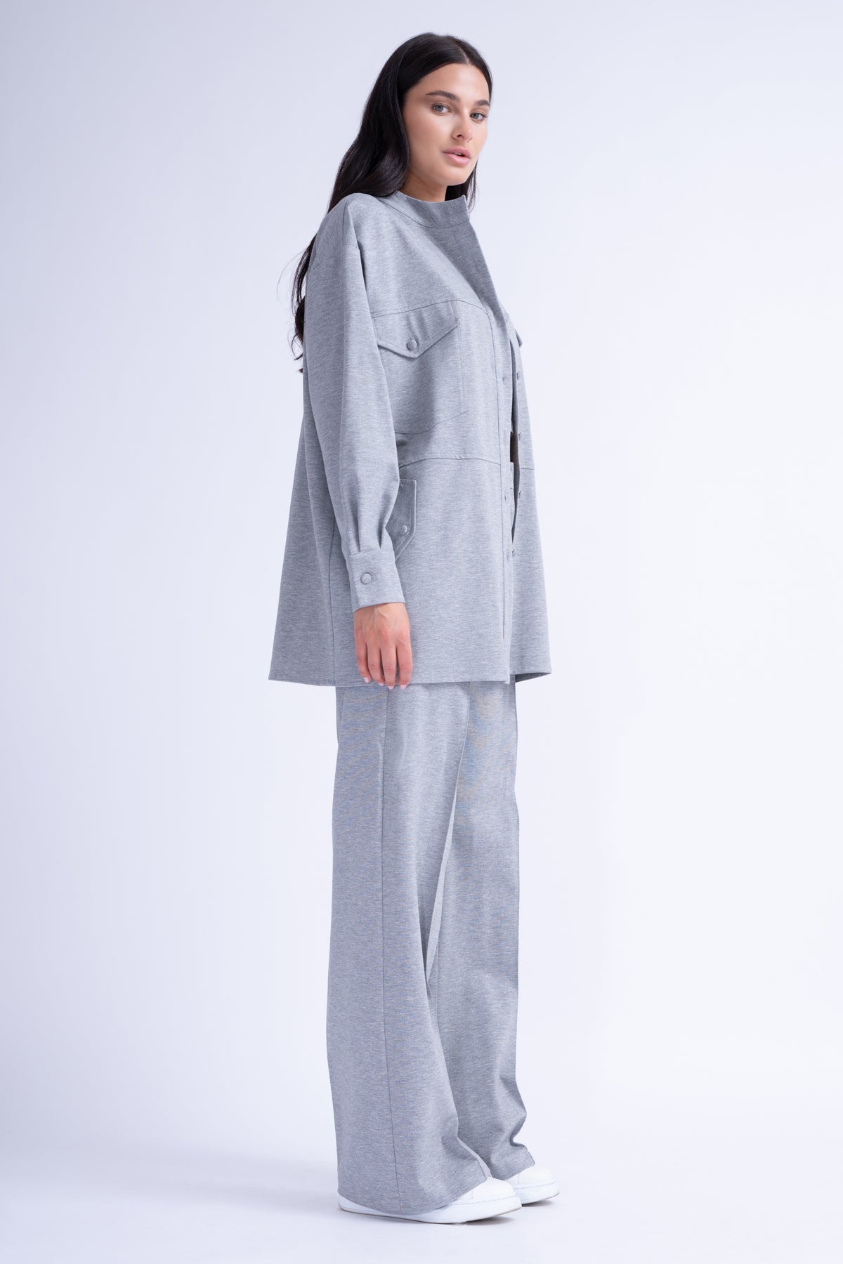 Grey Matching Set With Oversized Shirt And Wide Leg Trousers