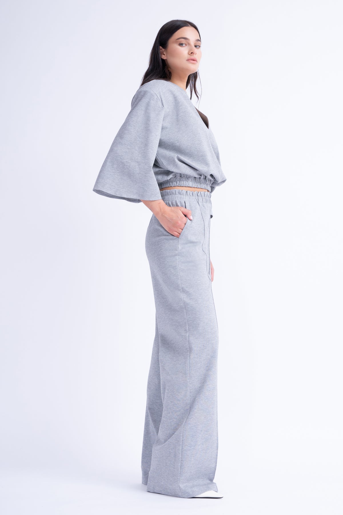 Grey Matching Set With Blouse And Wide Leg Trousers