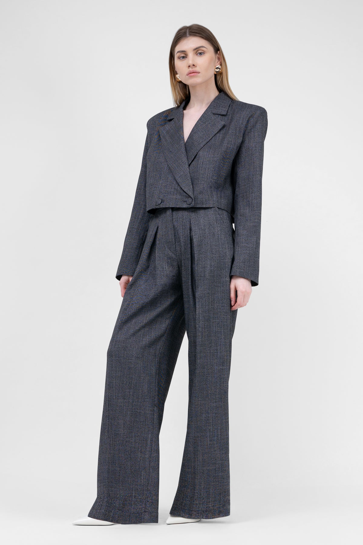 Grey Suit With Cropped Blazer And Ultra Wide Leg Trousers