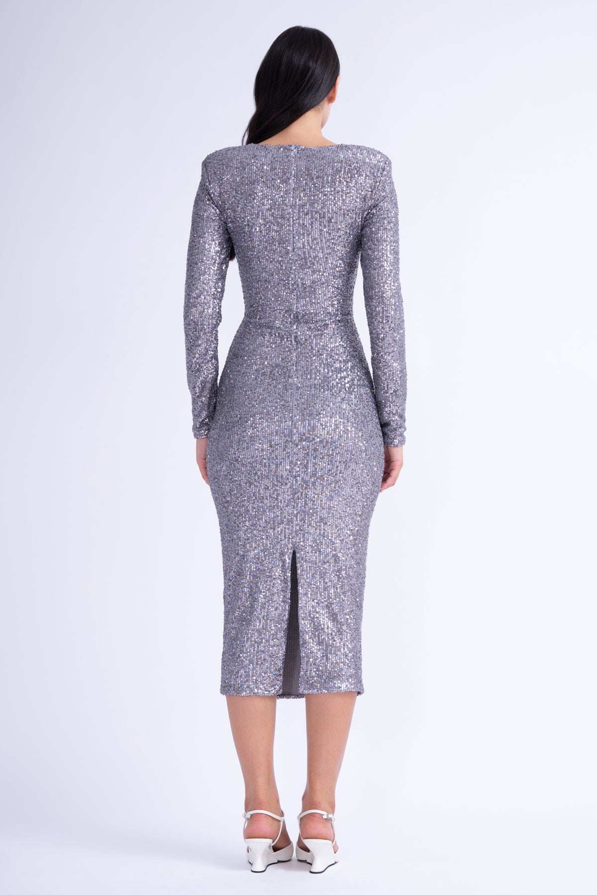 Silver Sequin Midi Dress With Cut-Out And Gathered Detailing