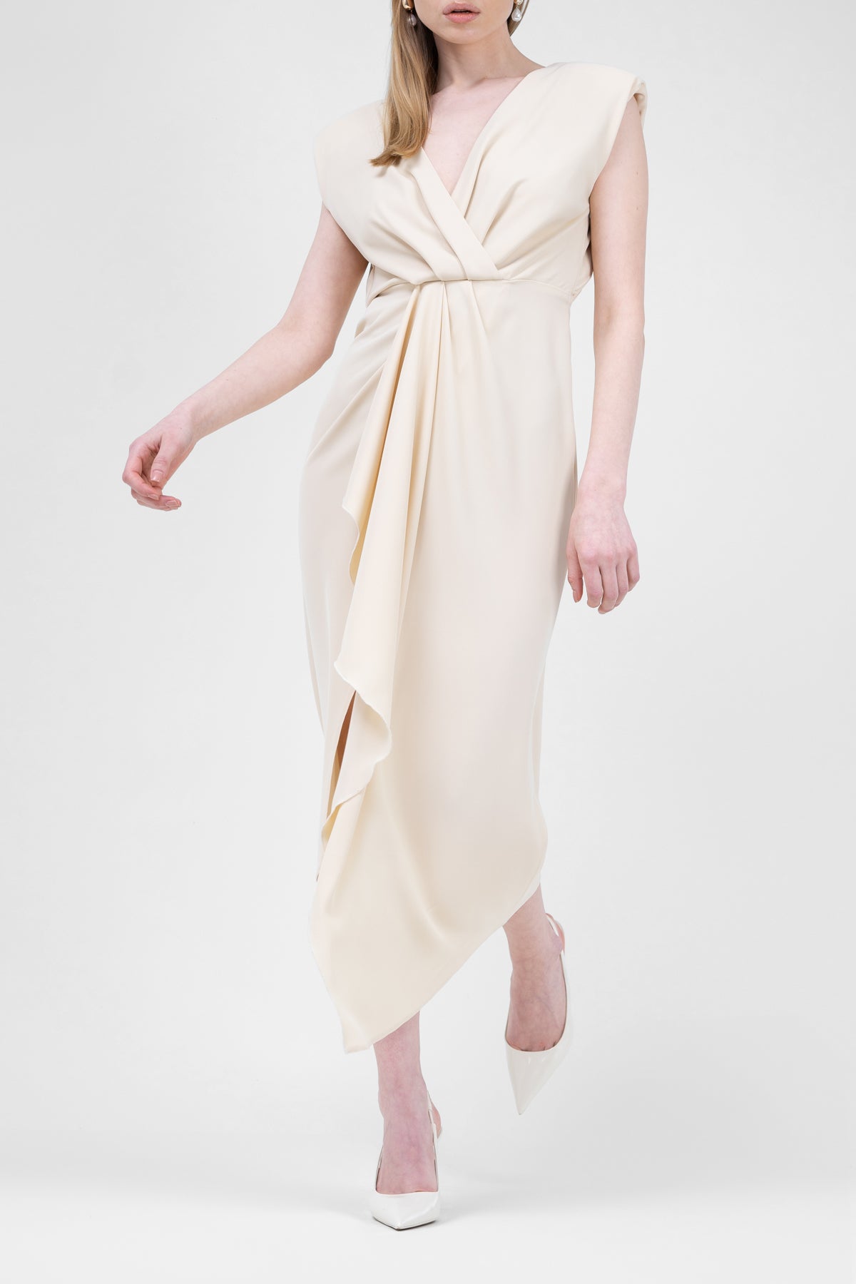 Ivory Midi Dress With Draping And Pleats