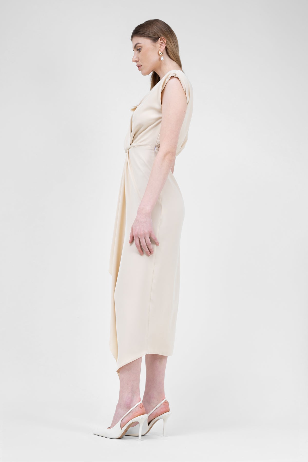 Ivory Midi Dress With Draping And Pleats