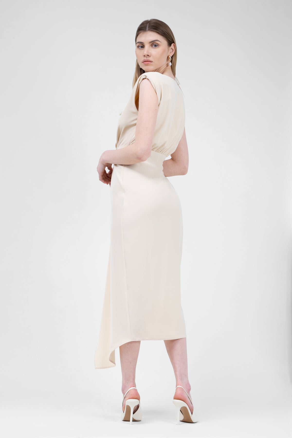 Ivory Midi Dress With Draping And Pleats