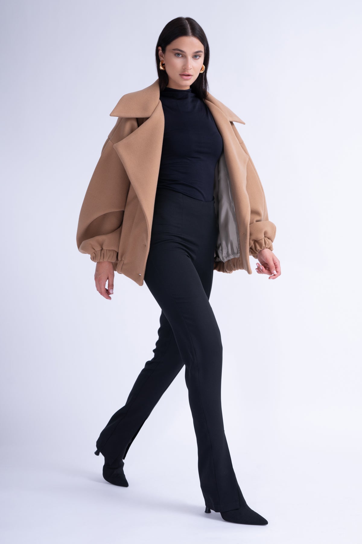 Camel Bomber Jacket With Lapels