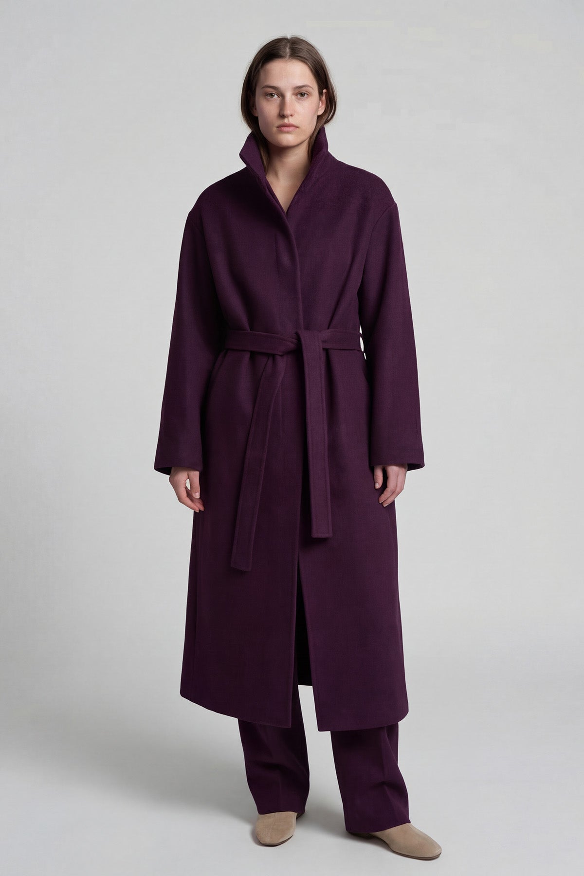 Palton lung mov prună cu guler înalt