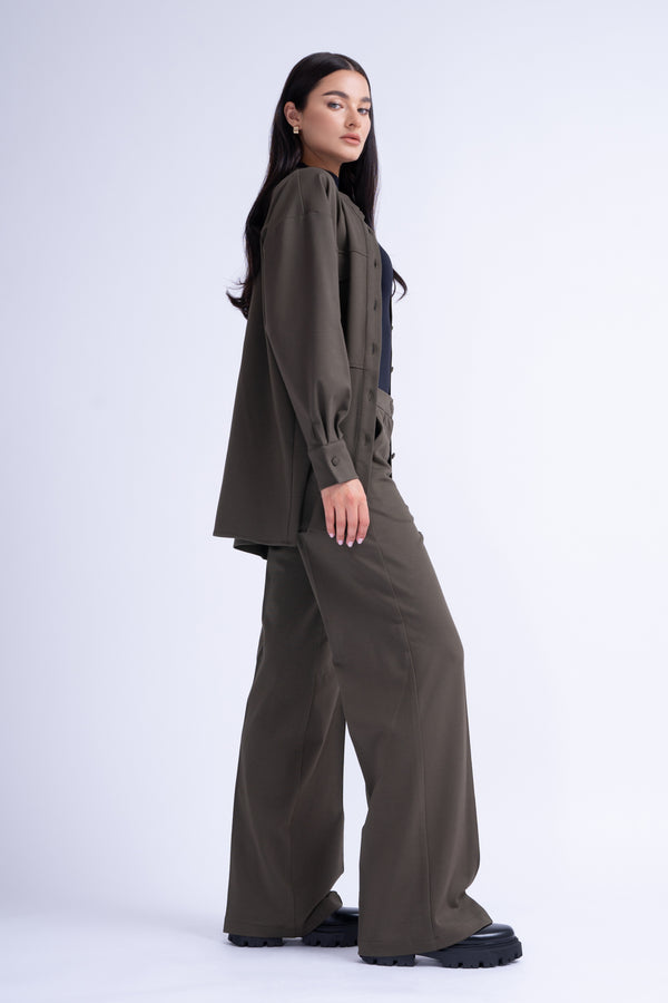 Khaki Set With Oversized Shirt And Wide Leg Trousers