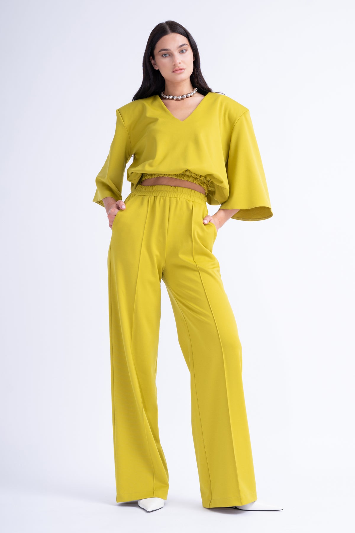 Set Lime cu Bluza cu Elastic si Pantaloni Wide Leg