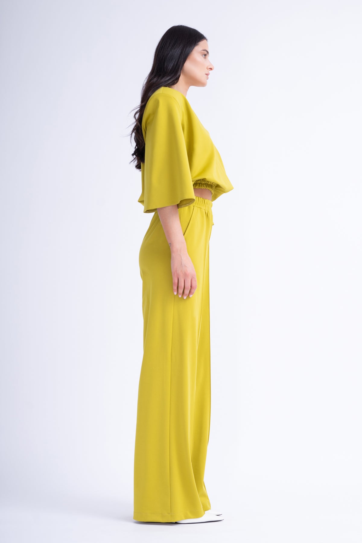 Lime Matching Set With Blouse And Wide Leg Trousers