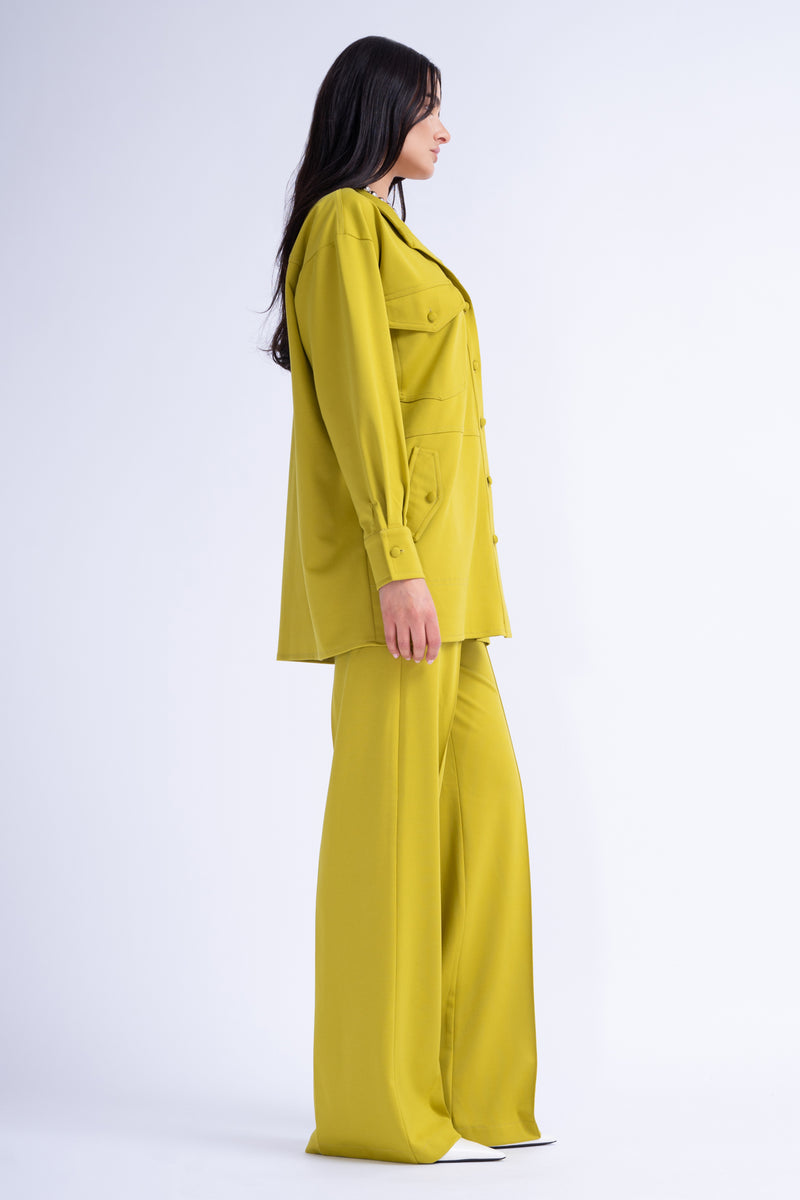 Lime Matching Set With Oversized Shirt And Wide Leg Trousers