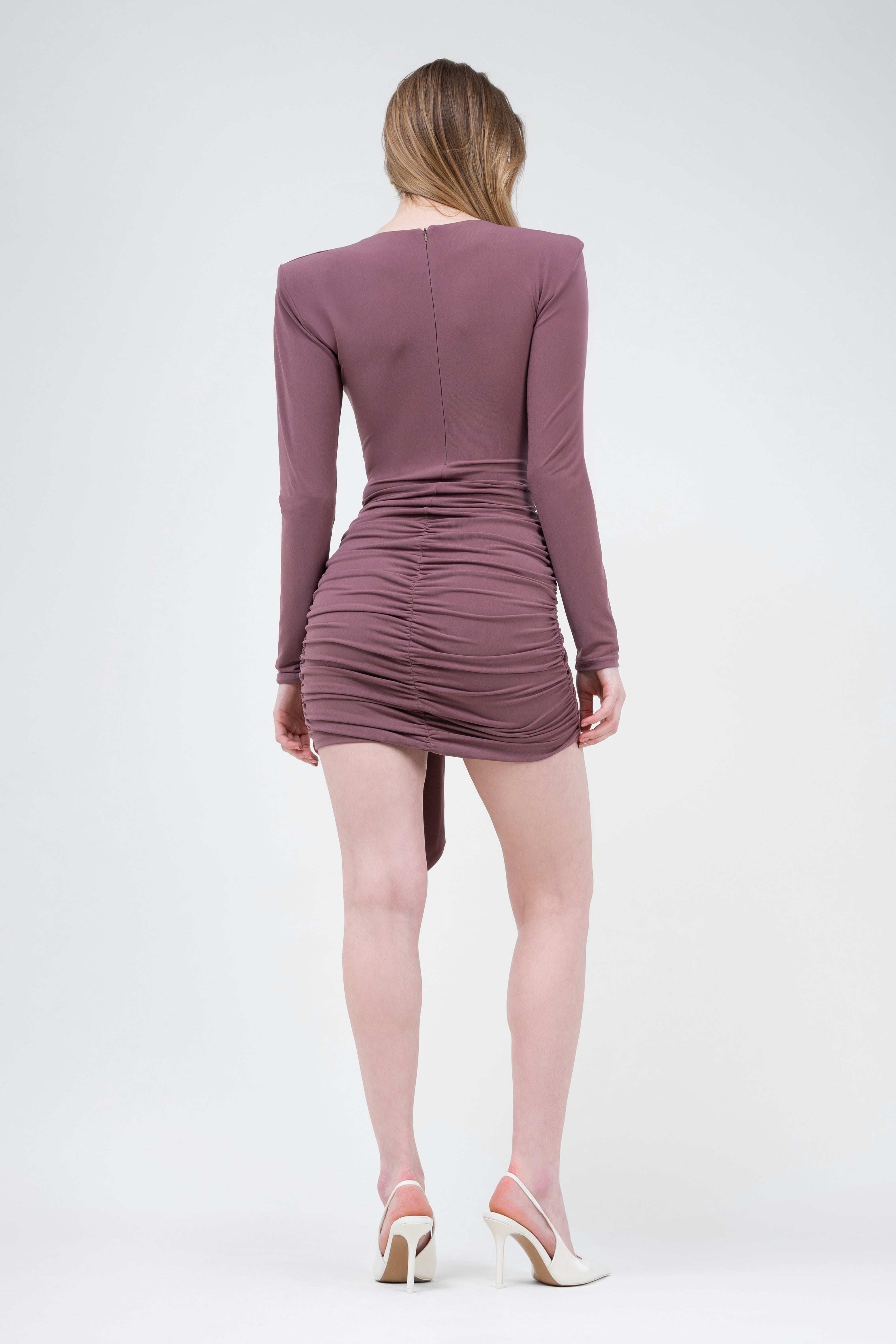 Brown Mini Dress With Scarf And Pleats